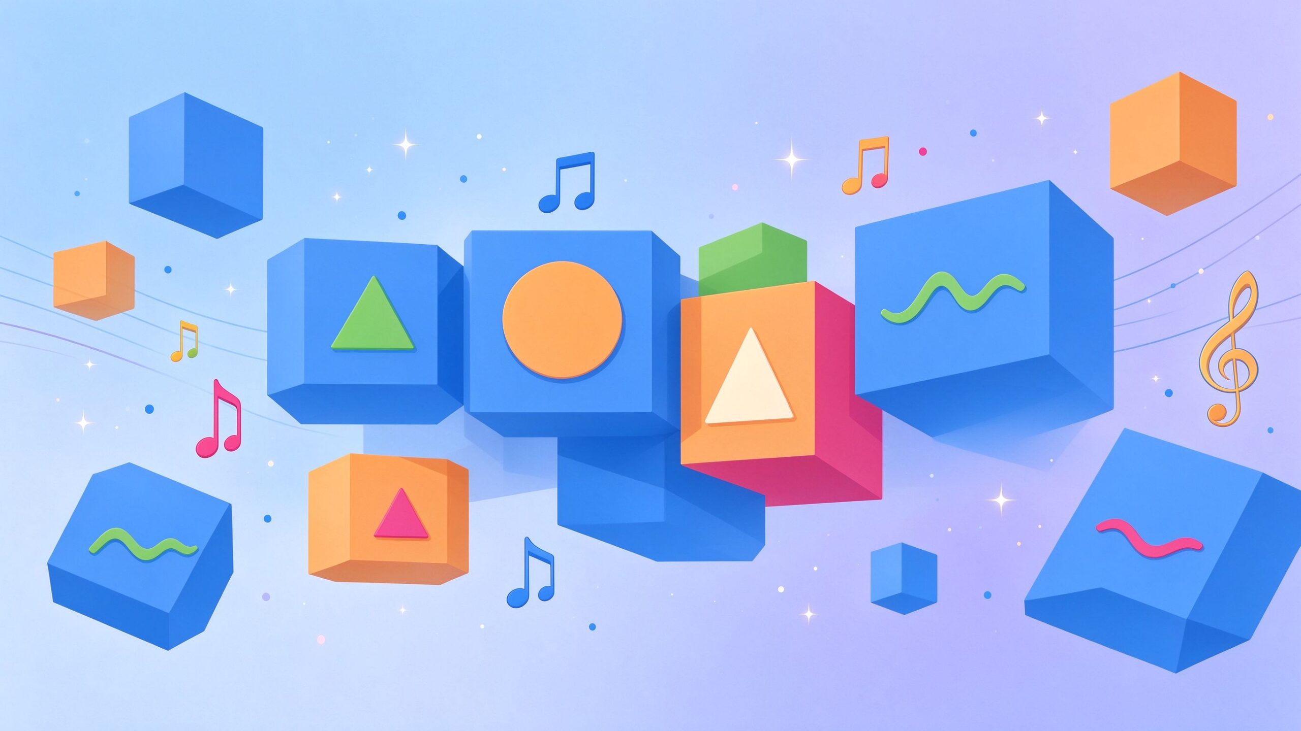 All lyrics generators illustration — colorful blocks and music notes