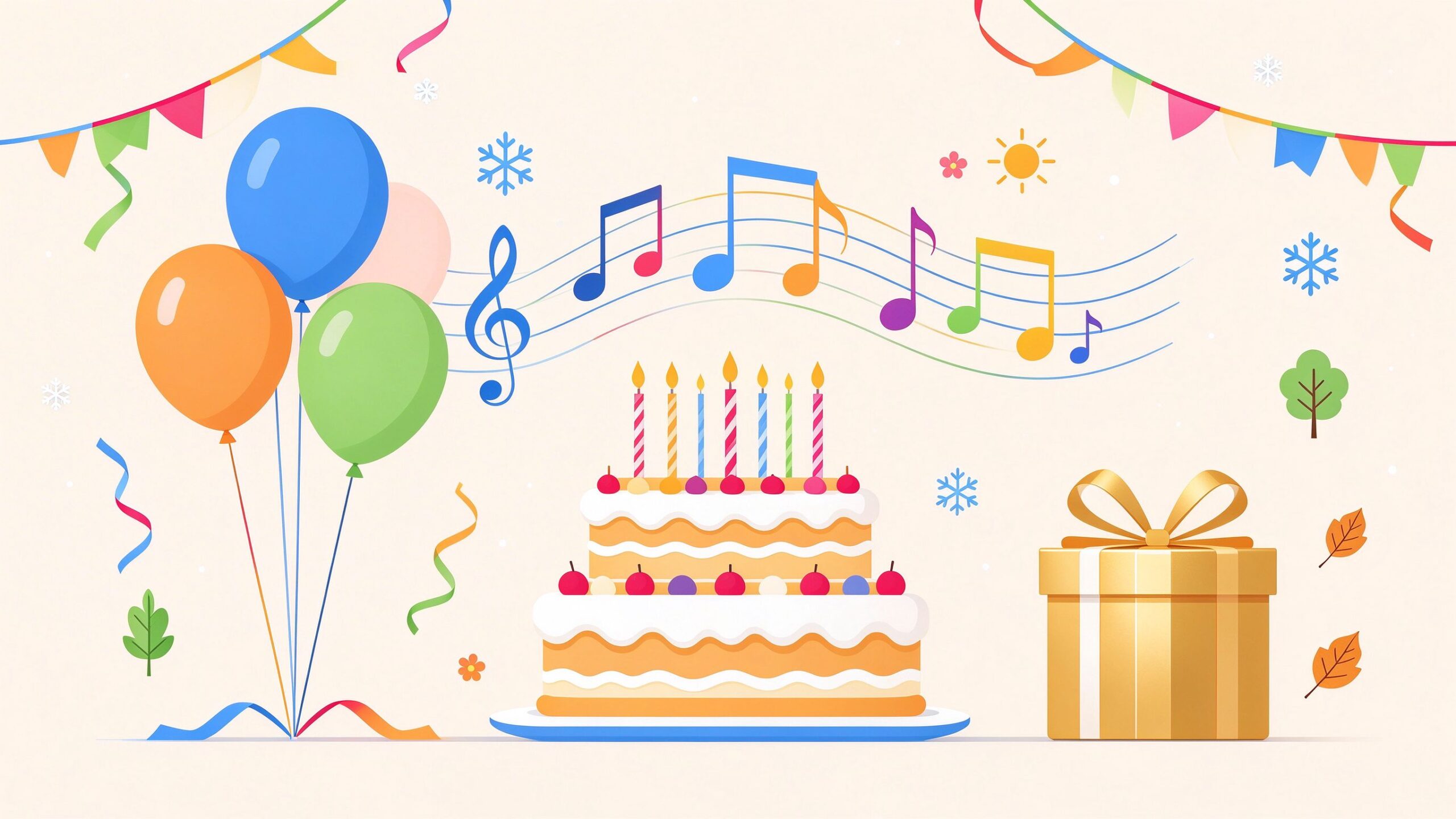 Occasion & seasonal lyrics generators illustration — birthday cake, balloons and gifts