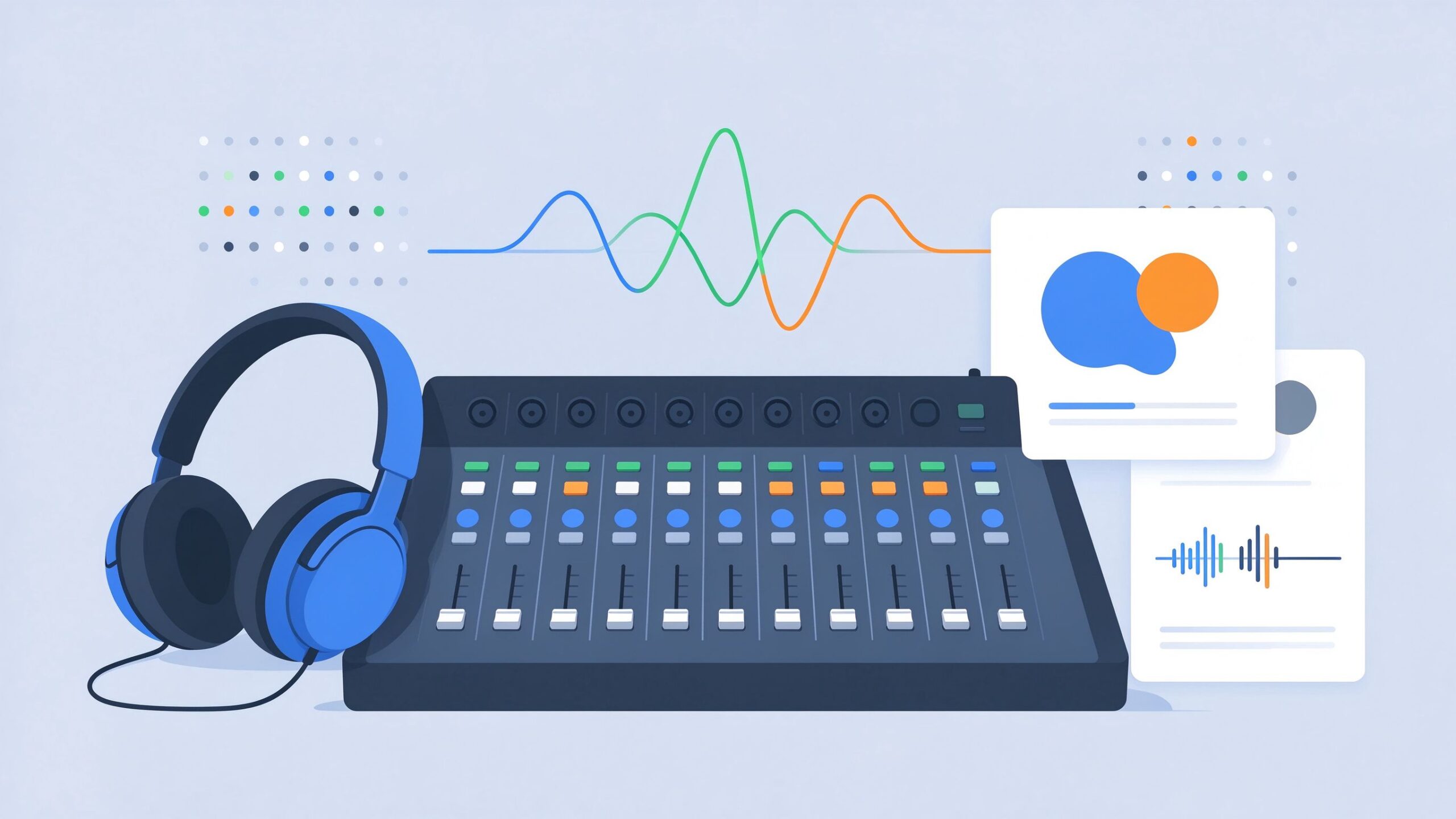 Production & song versions lyrics generators illustration — mixing desk and waveforms