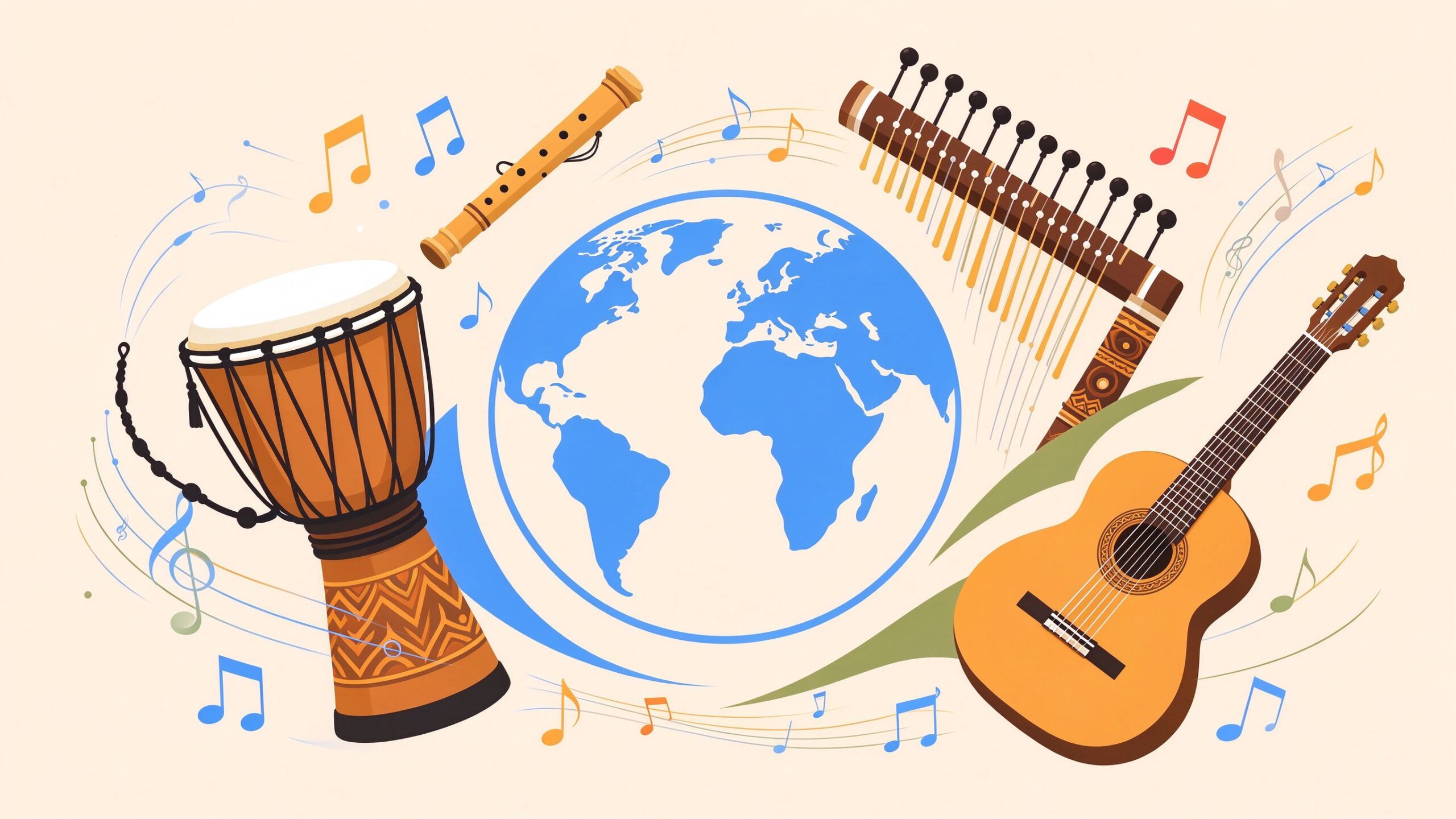 World music lyrics generators illustration — globe surrounded by instruments